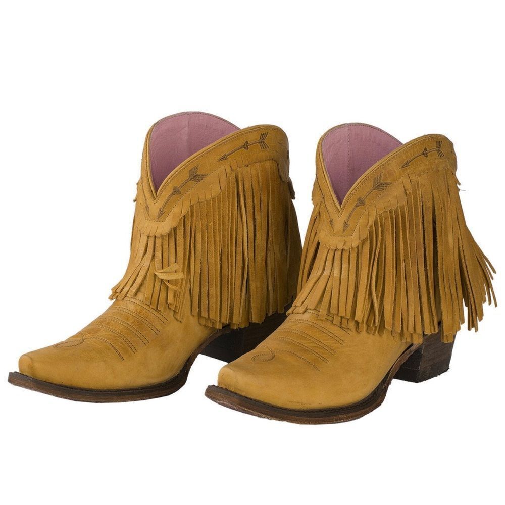 JUNK GYPSY BY LANE WOMEN'S SPITFIRE MUSTARD FRINGE BOOTIES - SNIP TOE SZ 6.5
